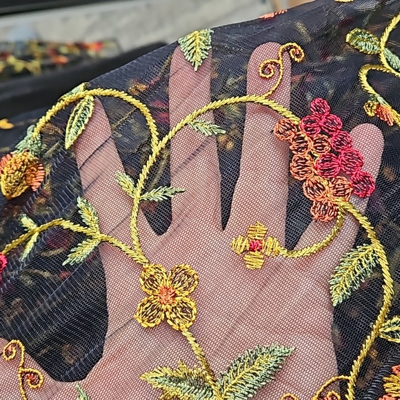 Sheer black scarf / wrap with vibrant embroidered pattern. OS. Red, yellow green - Picture 9 of 9